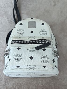 MCM White Mini Logo Backpack with Black Accents